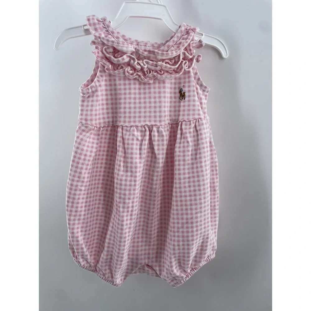 Ralph Lauren Baby Girl 6 Months Pink Plaid Ruffle Romper Easter Spring Summer